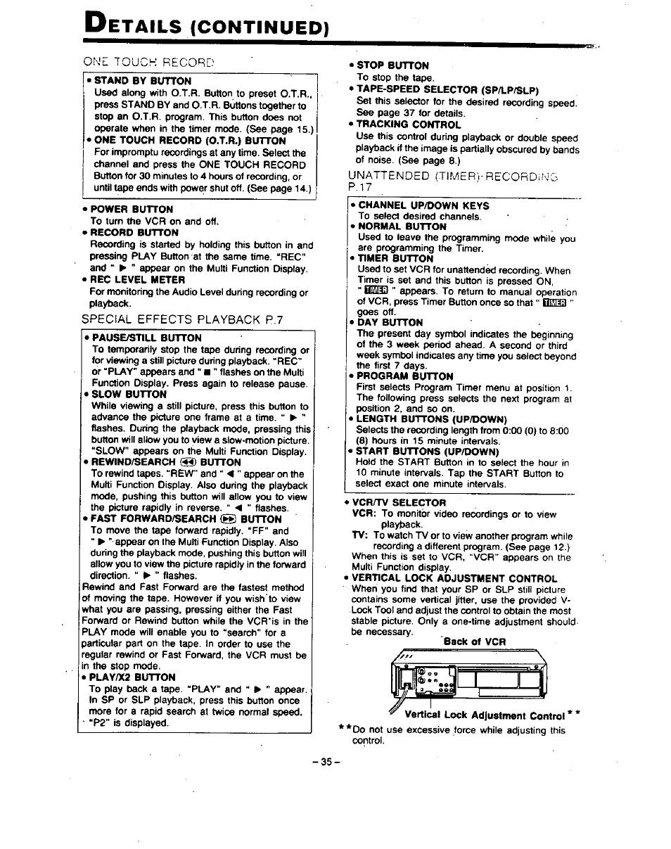 Stand by button, Power button, Record button | Rec level meter, Pause/still button, Slow button, Rewind/search ® button, Play/x2 button, Stop button, Tape-speed selector (sp/lp/slp) | Panasonic PV-4760 User Manual | Page 36 / 52