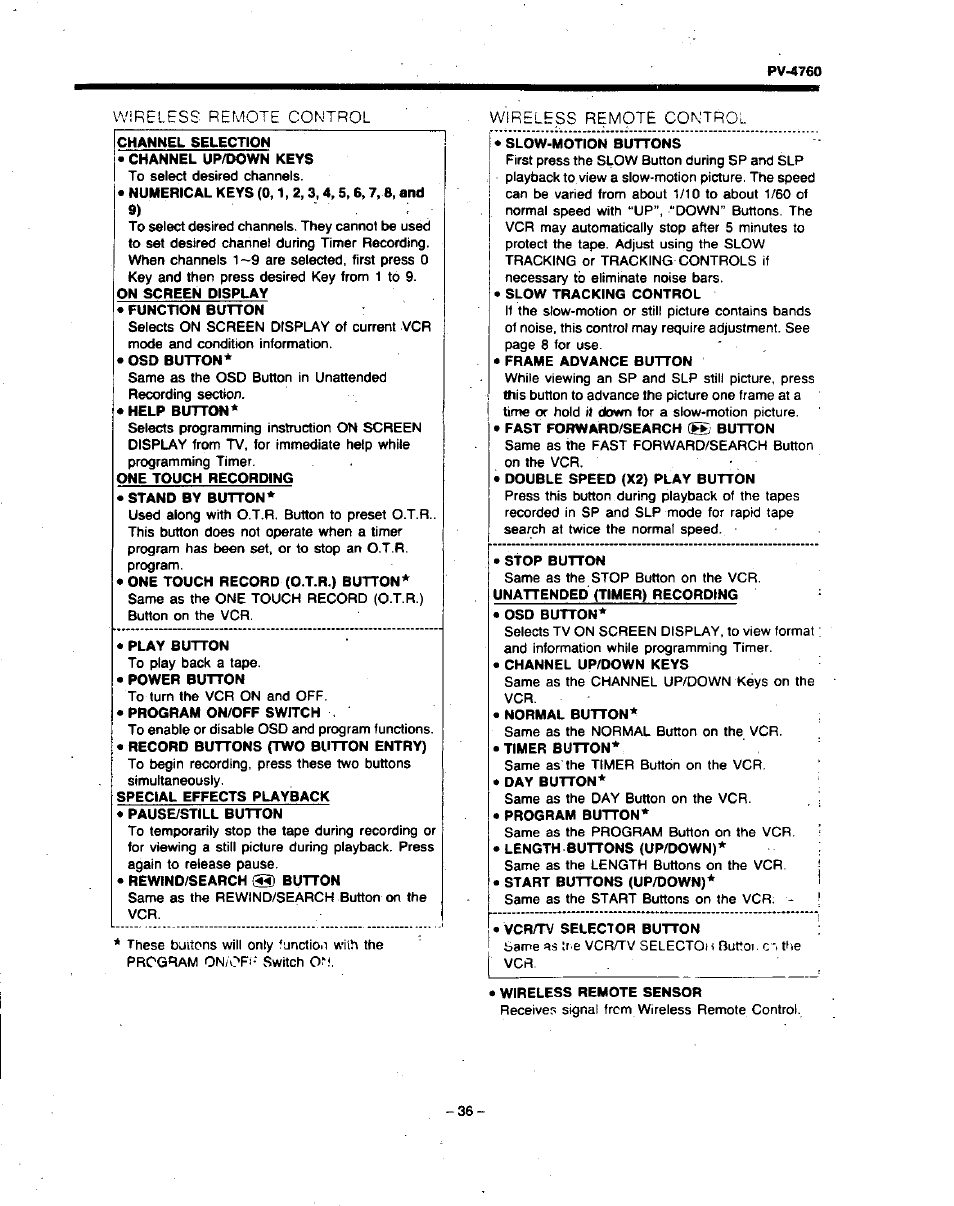 Channel selection, Channel up/down keys, Function button | Osd button, Help button, One touch recording, Stand by button, Play button, Power button, Program on/off switch | Panasonic PV-4760 User Manual | Page 37 / 52