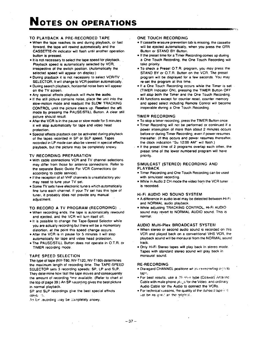 Otes, Operations | Panasonic PV-4760 User Manual | Page 38 / 52