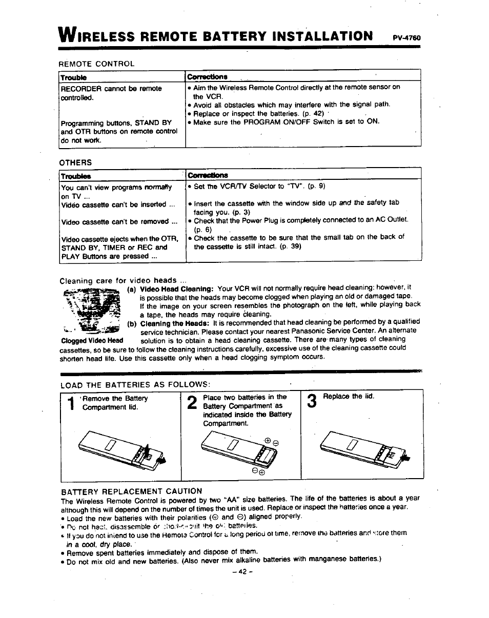 Ireless, Remote, Battery | Installation | Panasonic PV-4760 User Manual | Page 43 / 52