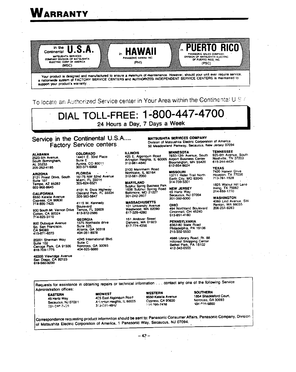 Dial toll-free: 1-800-447-4700, 24 hours a day, 7 days a week, Dial toll-free | U.s.a, Hawaii, Puerto rico, Arranty | Panasonic PV-4760 User Manual | Page 44 / 52