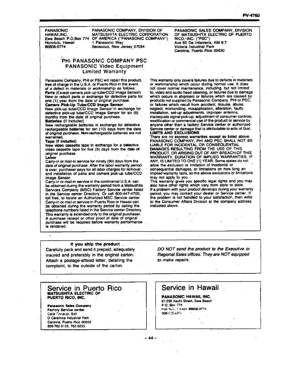 Service in puerto rico, Service in hawaii | Panasonic PV-4760 User Manual | Page 45 / 52