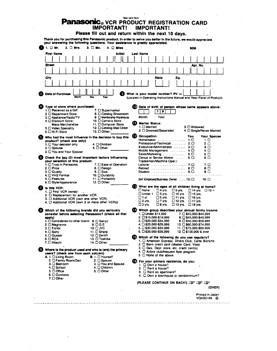 Please fill out and return within the next 10 days | Panasonic PV-4760 User Manual | Page 50 / 52