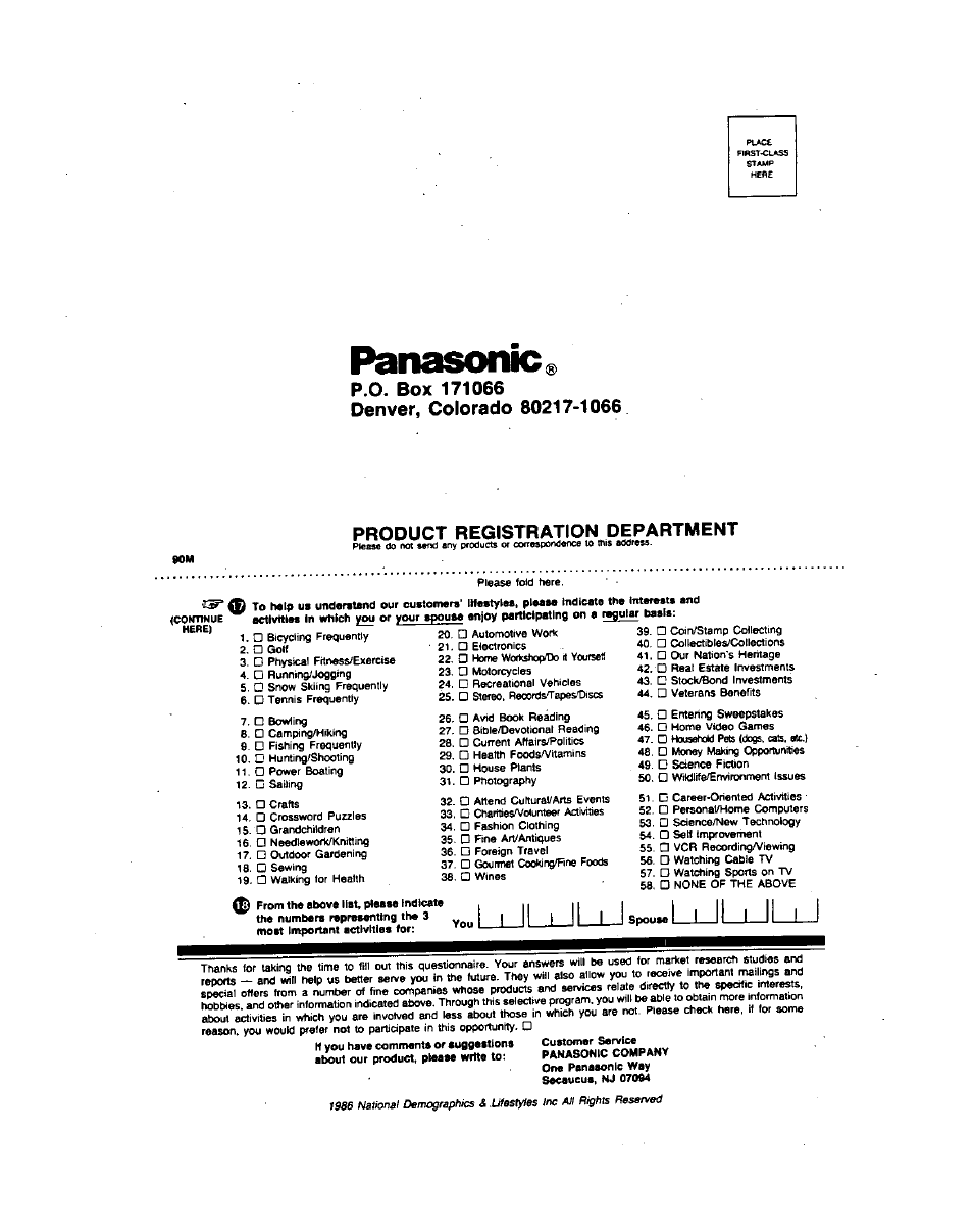 Panasonic, Product registration department | Panasonic PV-4760 User Manual | Page 51 / 52