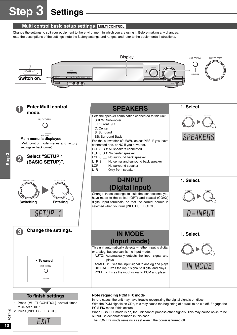 Step 3, Settings, Step | Setup 1, D- input, Speakers, D-input (digital input), Select, Select “setup 1 (basic setup), Change the settings | Panasonic SA-XR50 AV User Manual | Page 10 / 24