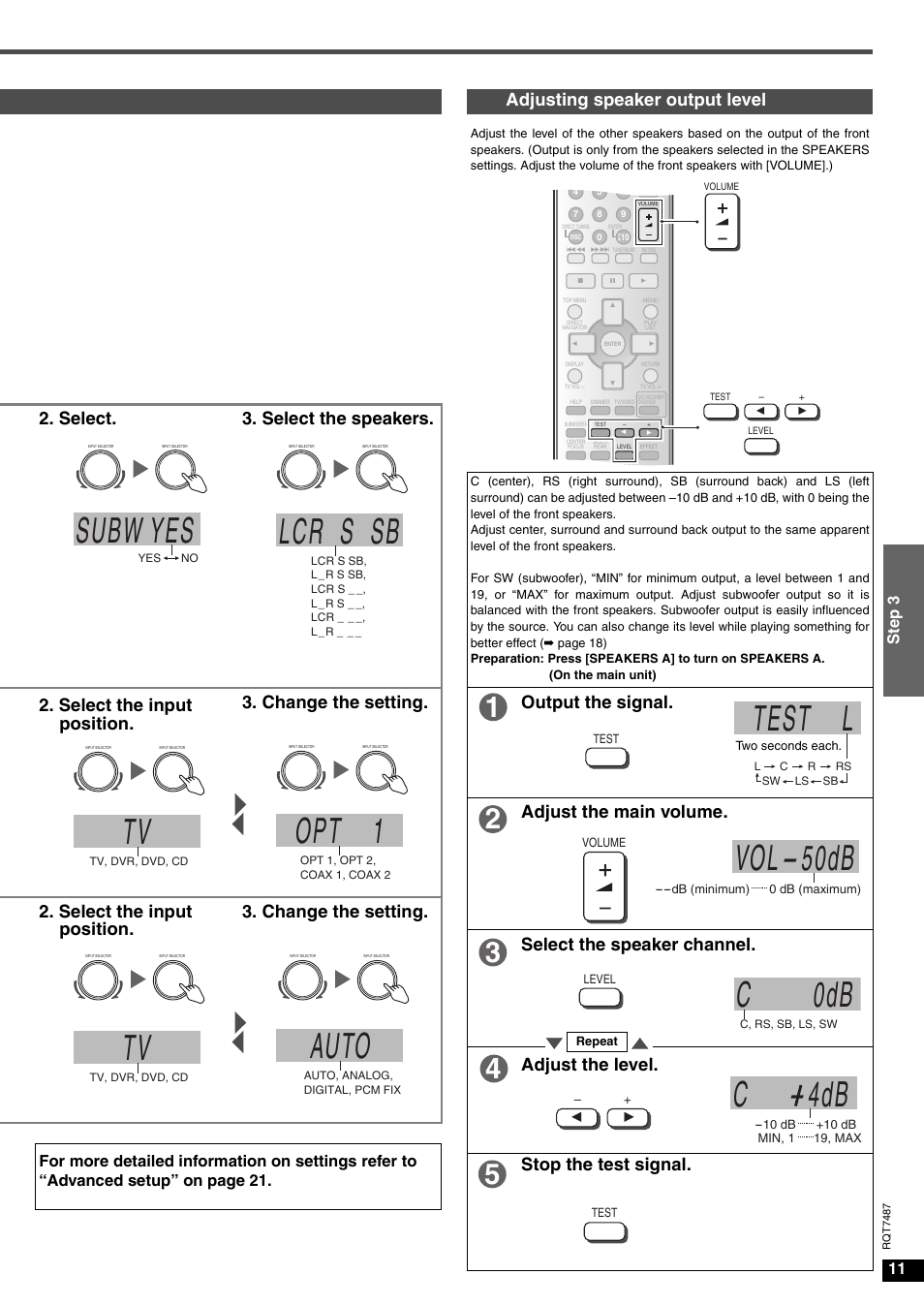 Subw yes, Lcr s sb, Opt 1 | Test l, Vol- 50db, Auto, C 0db, C - 4db, Adjusting speaker output level, Select. 3. select the speakers | Panasonic SA-XR50 AV User Manual | Page 11 / 24