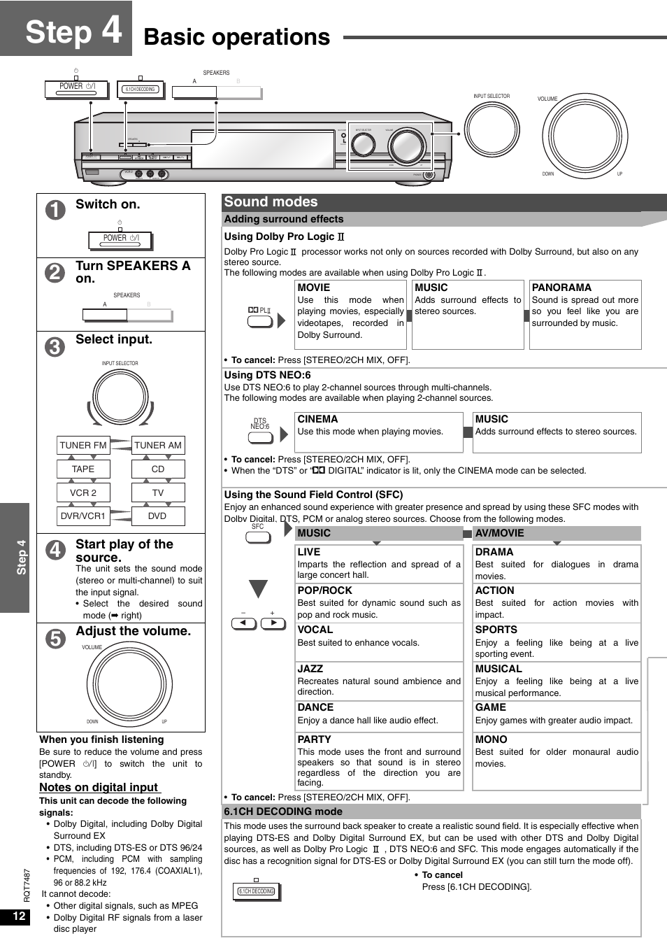 Step 4, Basic operations, Step | Sound modes, Switch on, Turn speakers a on, Select input, Start play of the source, Adjust the volume, 12 step 4 | Panasonic SA-XR50 AV User Manual | Page 12 / 24