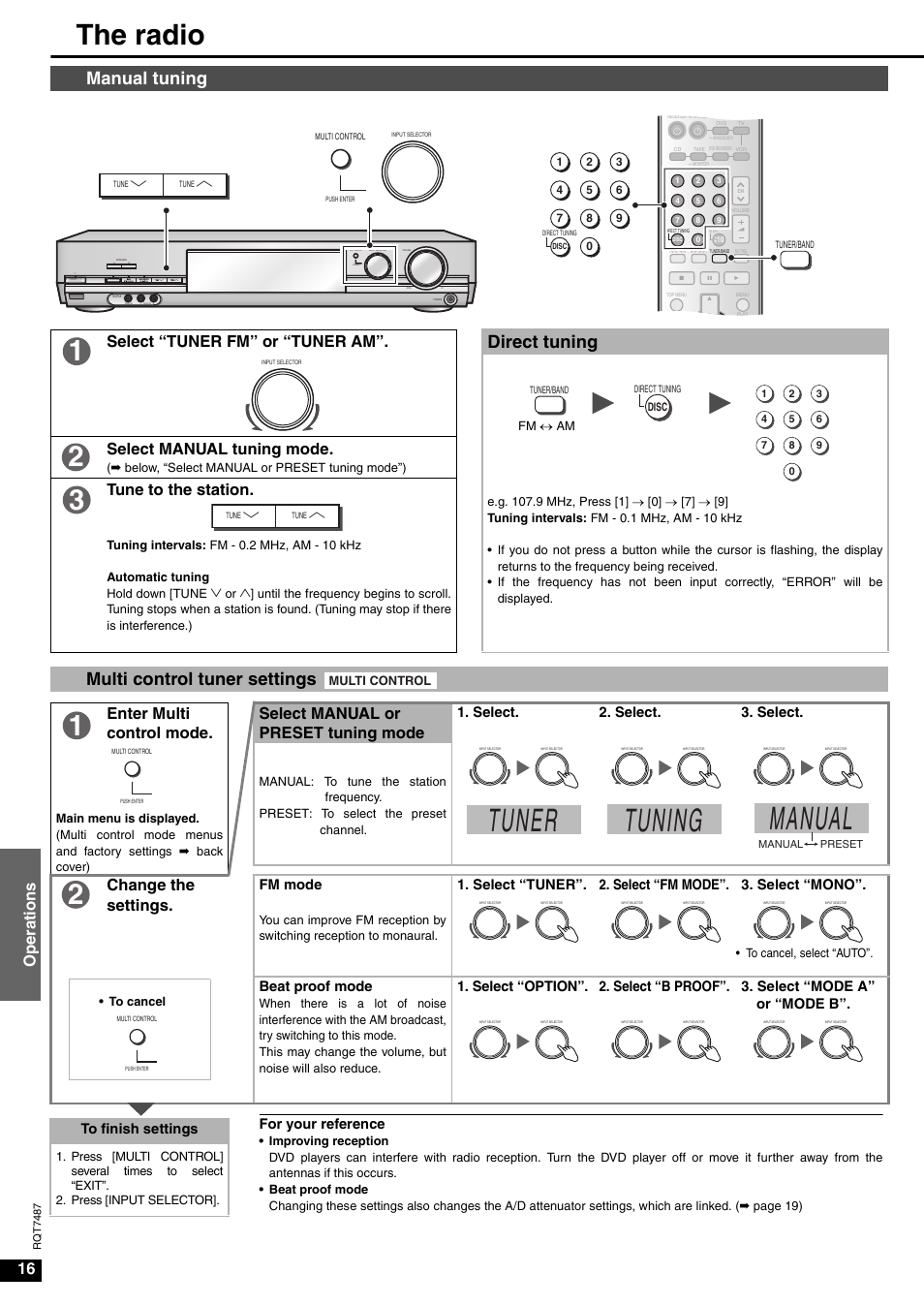 The radio, Tuner, Tuning | Manual, Manual tuning, Direct tuning, Multi control tuner settings, 16 oper ations, Select “tuner fm” or “tuner am, Select manual tuning mode | Panasonic SA-XR50 AV User Manual | Page 16 / 24