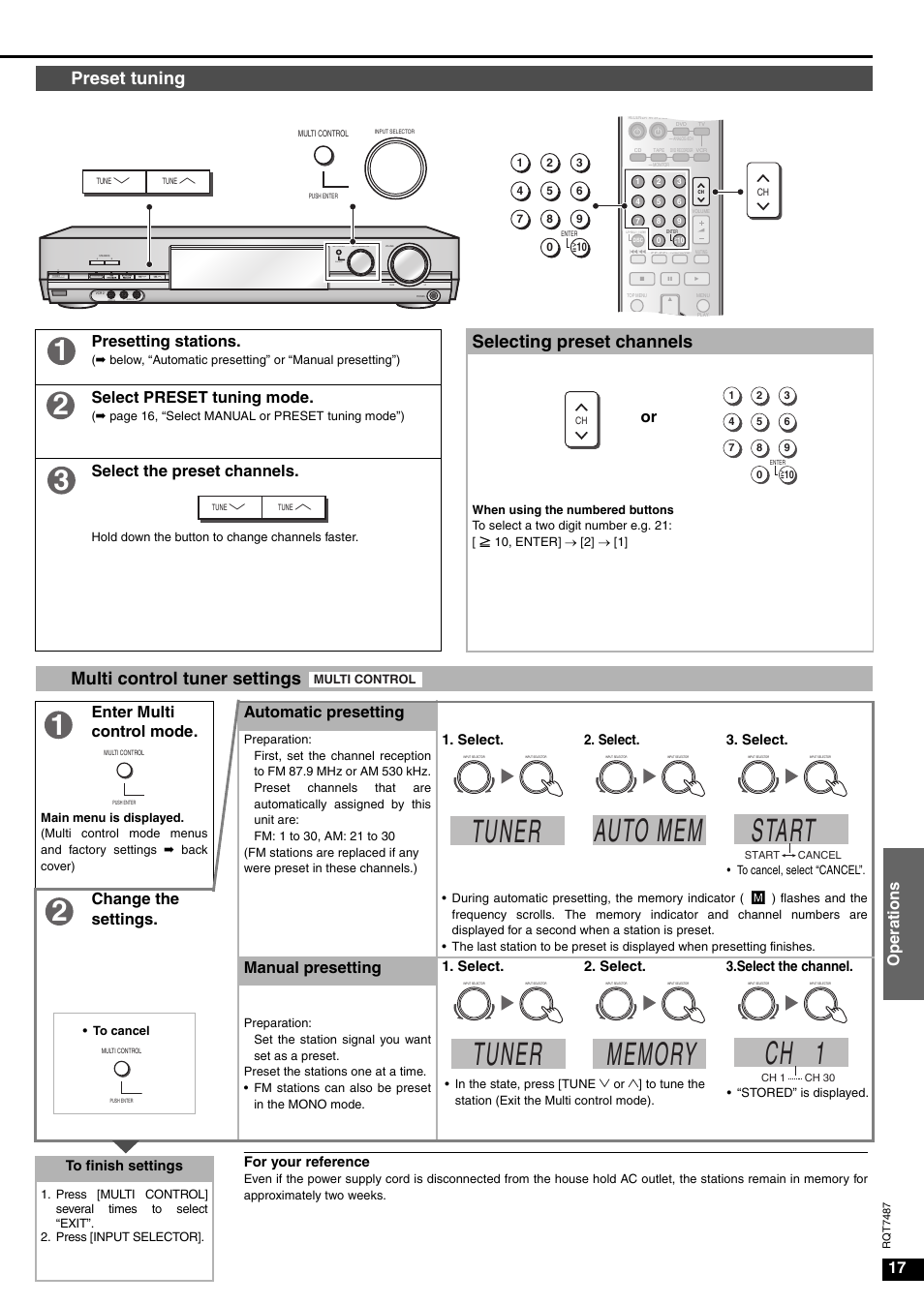 Tuner, Auto mem, Start | Ch 1, Preset tuning, Selecting preset channels, Multi control tuner settings, 17 oper ations, Presetting stations, Select preset tuning mode | Panasonic SA-XR50 AV User Manual | Page 17 / 24