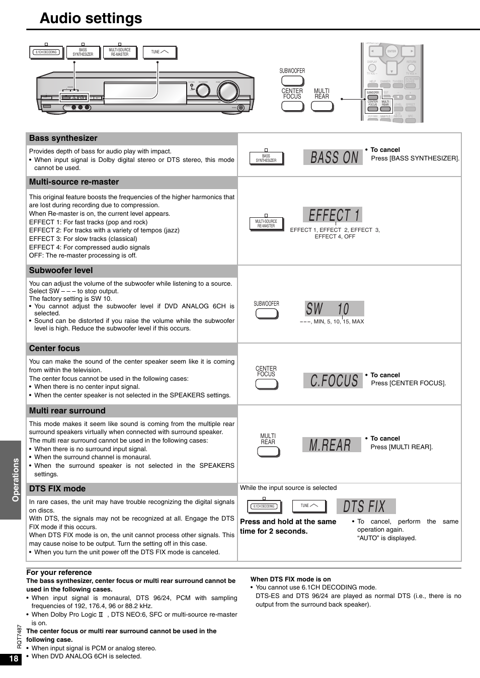 Audio settings, Bass on, Effect 1 | Sw 10, C.focus, M.rear, Dts fix, 18 oper ations, Bass synthesizer, Multi-source re-master | Panasonic SA-XR50 AV User Manual | Page 18 / 24