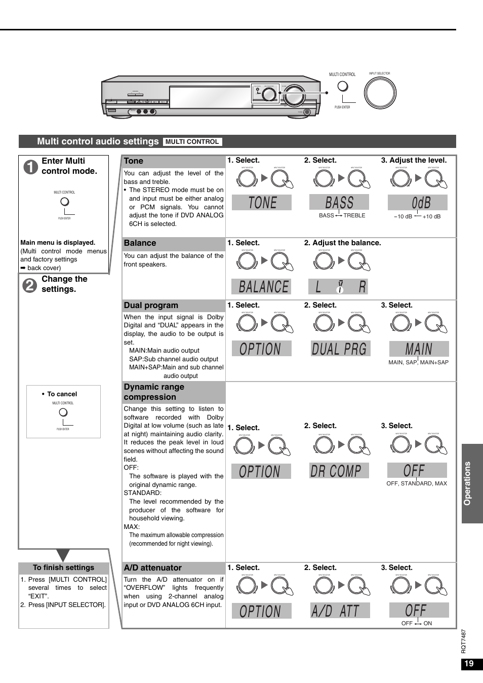 Tone, Bass, Option | Dual prg, Main, Dr comp, A/ d att, Multi control audio settings, 19 oper ations, Enter multi control mode. tone | Panasonic SA-XR50 AV User Manual | Page 19 / 24