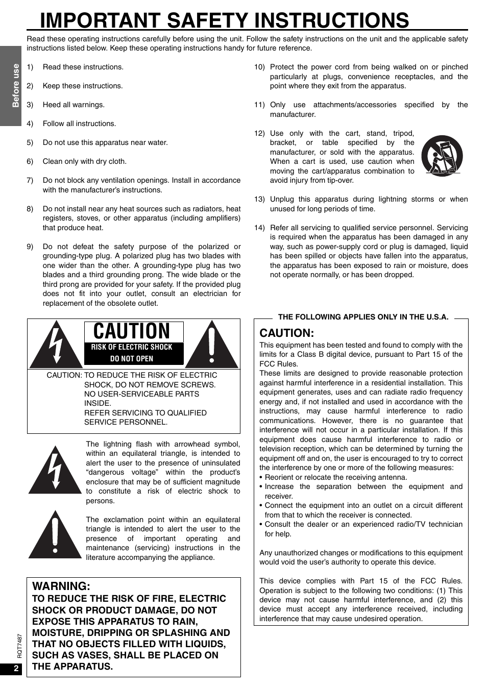 Before use, Important safety instructions, Caution | Warning | Panasonic SA-XR50 AV User Manual | Page 2 / 24