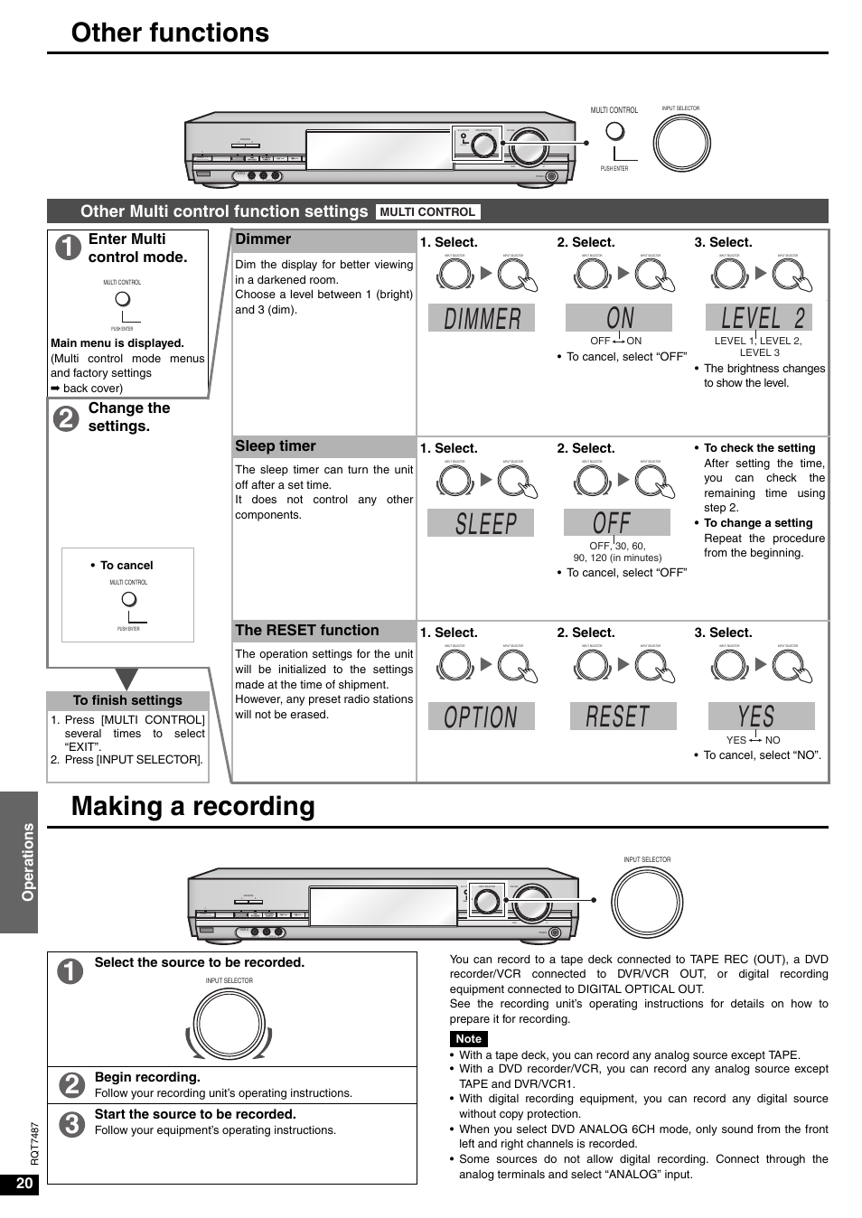 Other functions, Making a recording, Dimmer | Level 2, Sleep, Reset, Option, Other functions making a recording, Other multi control function settings, 20 oper ations | Panasonic SA-XR50 AV User Manual | Page 20 / 24