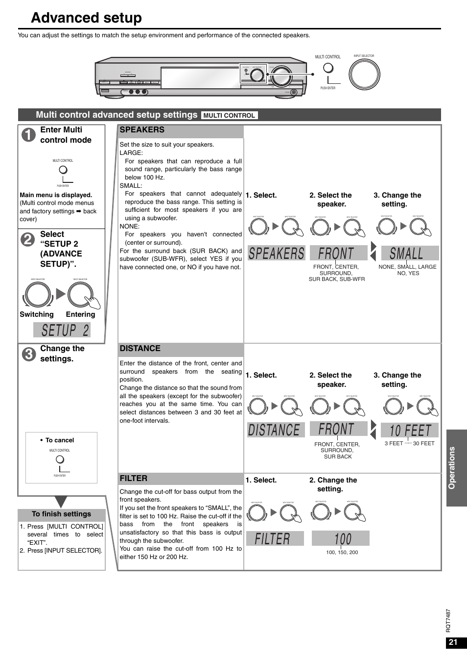 Advanced setup, Setup 2, Speakers | Front, Small, Distance, 10 feet, Multi control advanced setup settings, 21 oper ations, Enter multi control mode speakers | Panasonic SA-XR50 AV User Manual | Page 21 / 24