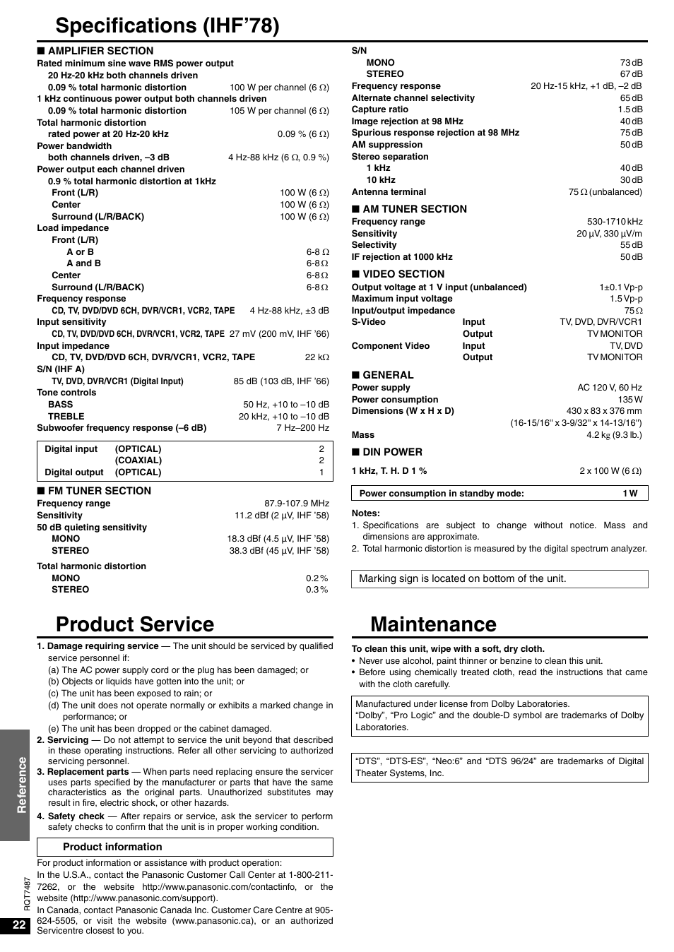 References, Specifications, Product service | Maintenance, Specifications (ihf’78), 22 ref erence | Panasonic SA-XR50 AV User Manual | Page 22 / 24