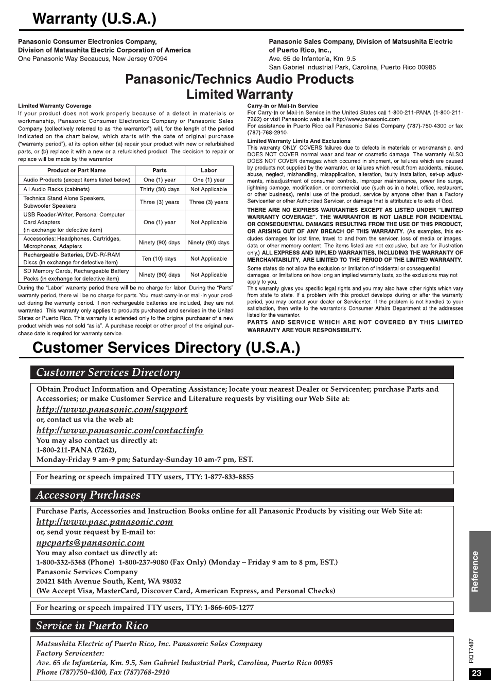 Warranty(u.s.a.), Customer services directory (u.s.a.) | Panasonic SA-XR50 AV User Manual | Page 23 / 24