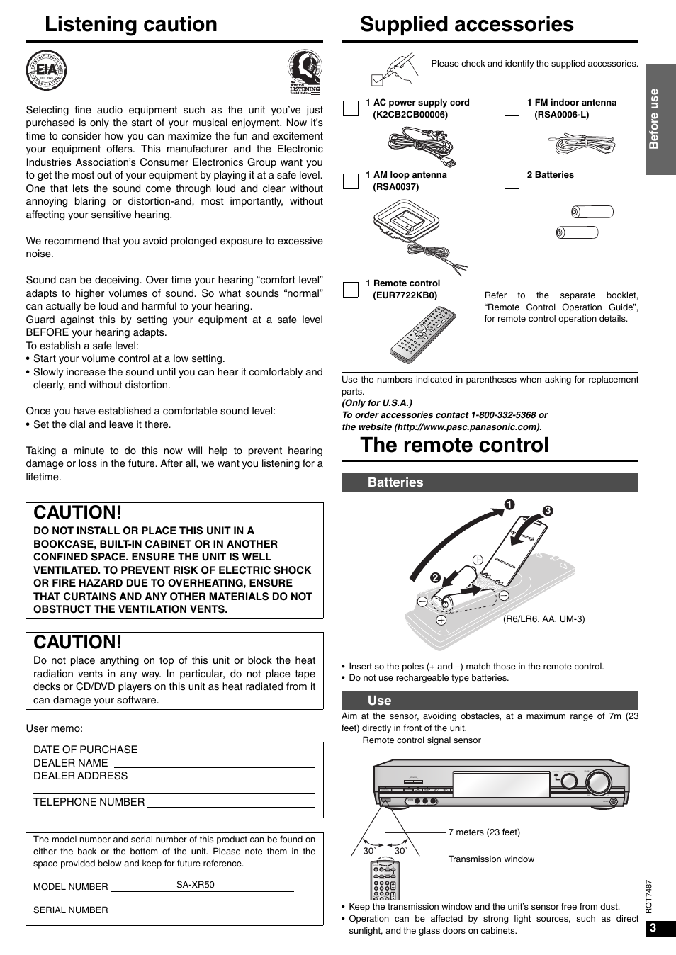 Listening caution, Supplied accessories, The remote control | Caution, Batteries use, 3bef o re us e | Panasonic SA-XR50 AV User Manual | Page 3 / 24