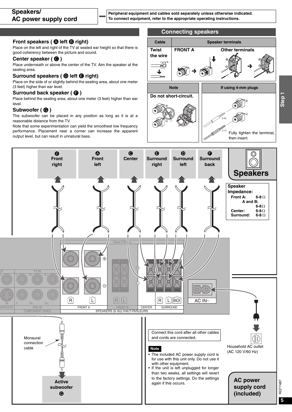 Speakers, Speakers/ ac power supply cord, Connecting speakers | Ac power supply cord (included) | Panasonic SA-XR50 AV User Manual | Page 5 / 24