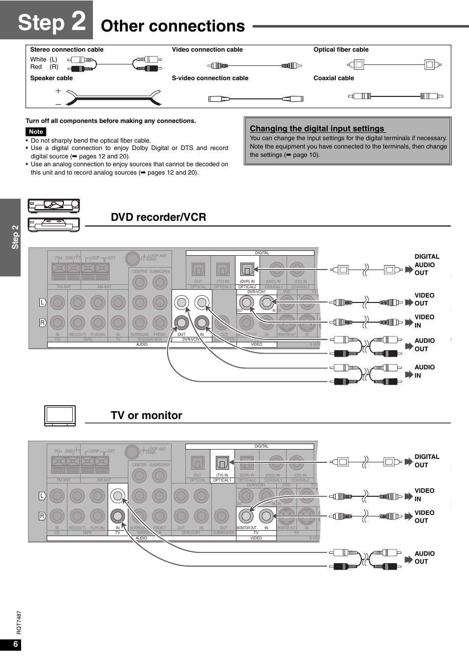 Step 2, Other connections, Step | Dvd recorder/vcr tv or monitor, 6step 2, Changing the digital input settings | Panasonic SA-XR50 AV User Manual | Page 6 / 24