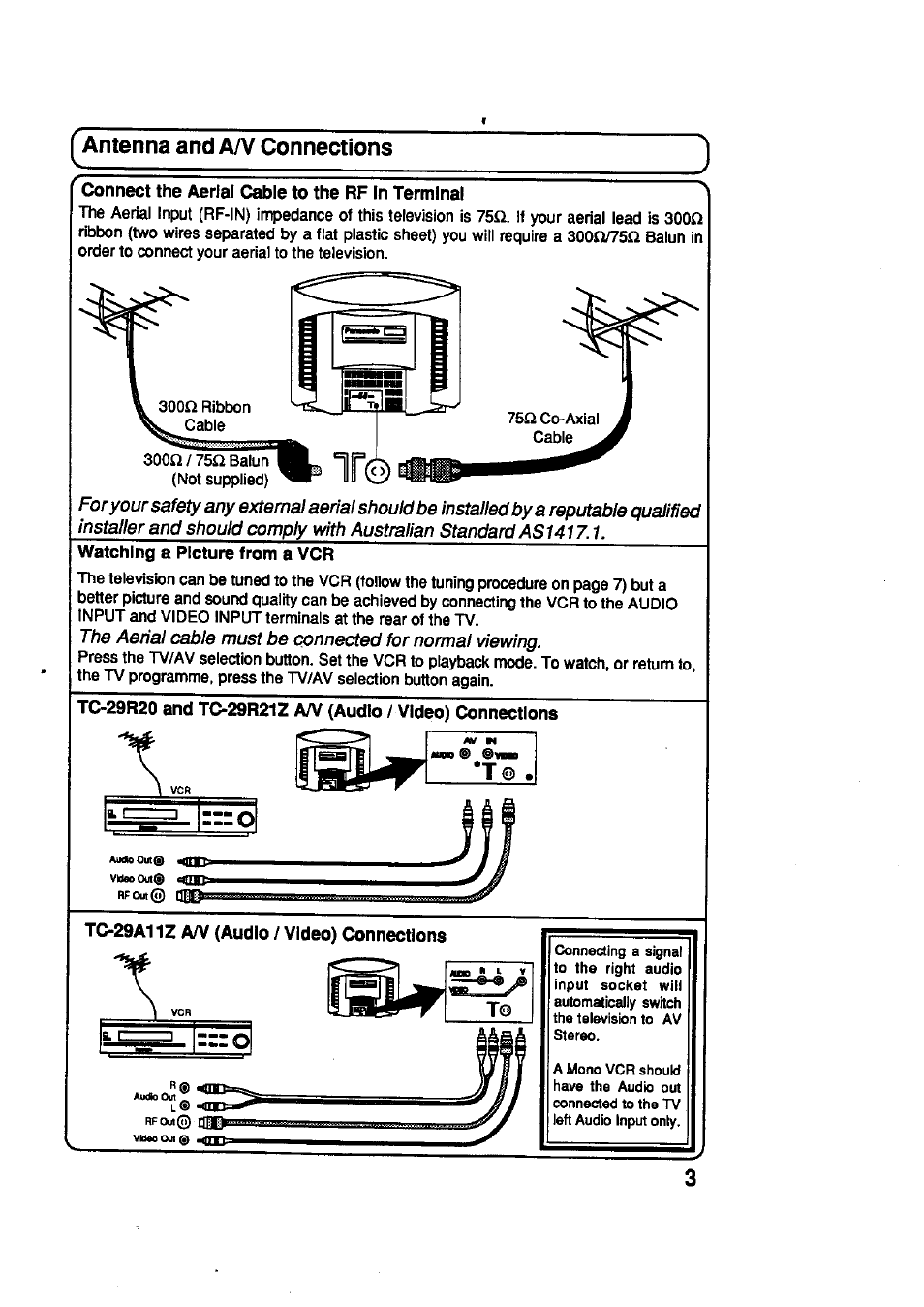 Watching a picture from a vcr, Tc-29a11z an (audio / video) connections, Antenna and | Connections ----------------------- n | Panasonic TC-29R20 User Manual | Page 3 / 11