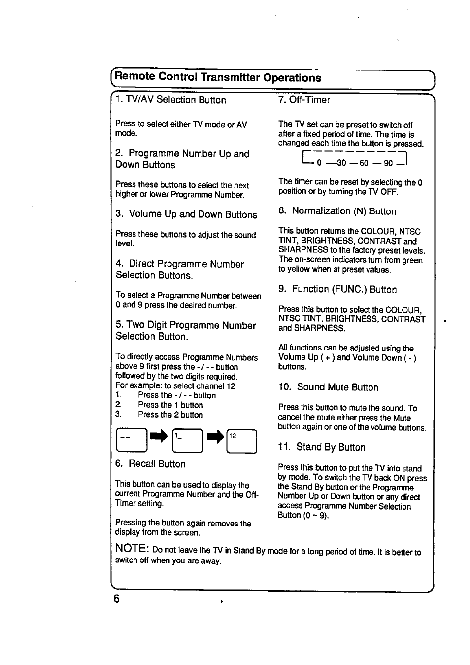 Remote control transmitter operations, Tv/av selection button, Programme number up and down buttons | Volume up and down buttons, Direct programme number selection buttons, Two digit programme number selection button, Recall button, Off-timer, Normalization (n) button, Function (func.) button | Panasonic TC-29R20 User Manual | Page 6 / 11