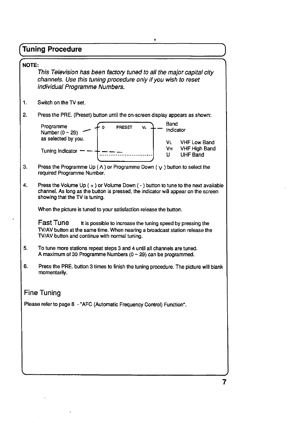 Tuning procedure, Fast tune, Fine tuning | Panasonic TC-29R20 User Manual | Page 7 / 11