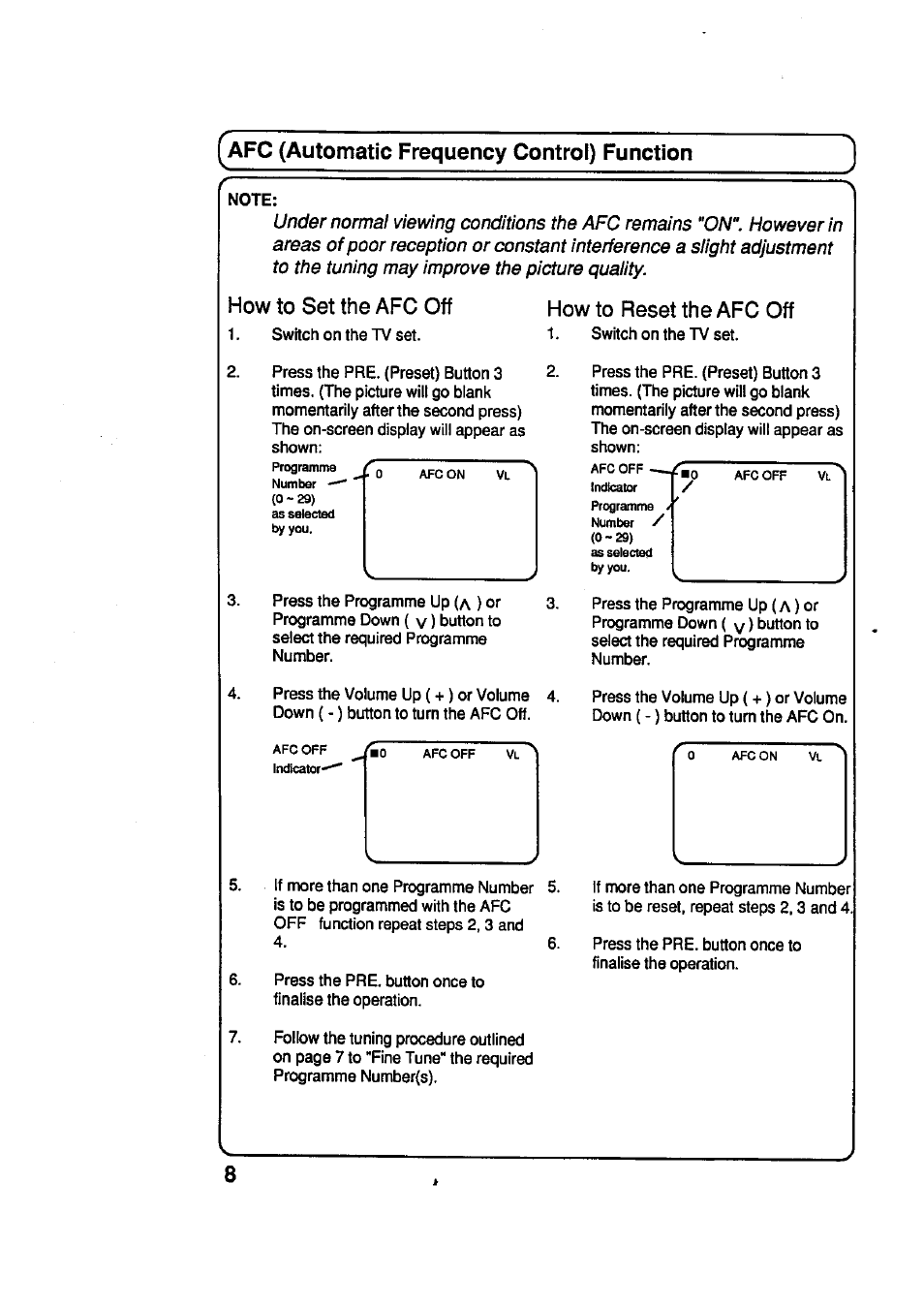 Afc (automatic frequency control) function, How to set the afc off, Shown | How to reset the afc off | Panasonic TC-29R20 User Manual | Page 8 / 11