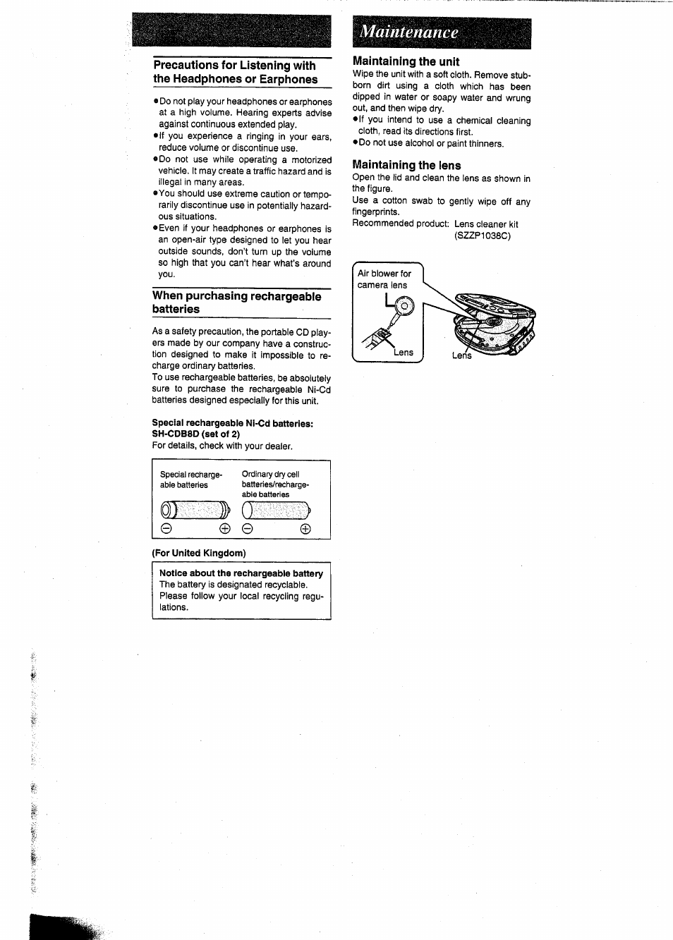 When purchasing rechargeable batteries, Maintaining the unit, Maintaining the lens | Maintenance, Mmm a | Panasonic SL-SW404 User Manual | Page 10 / 13