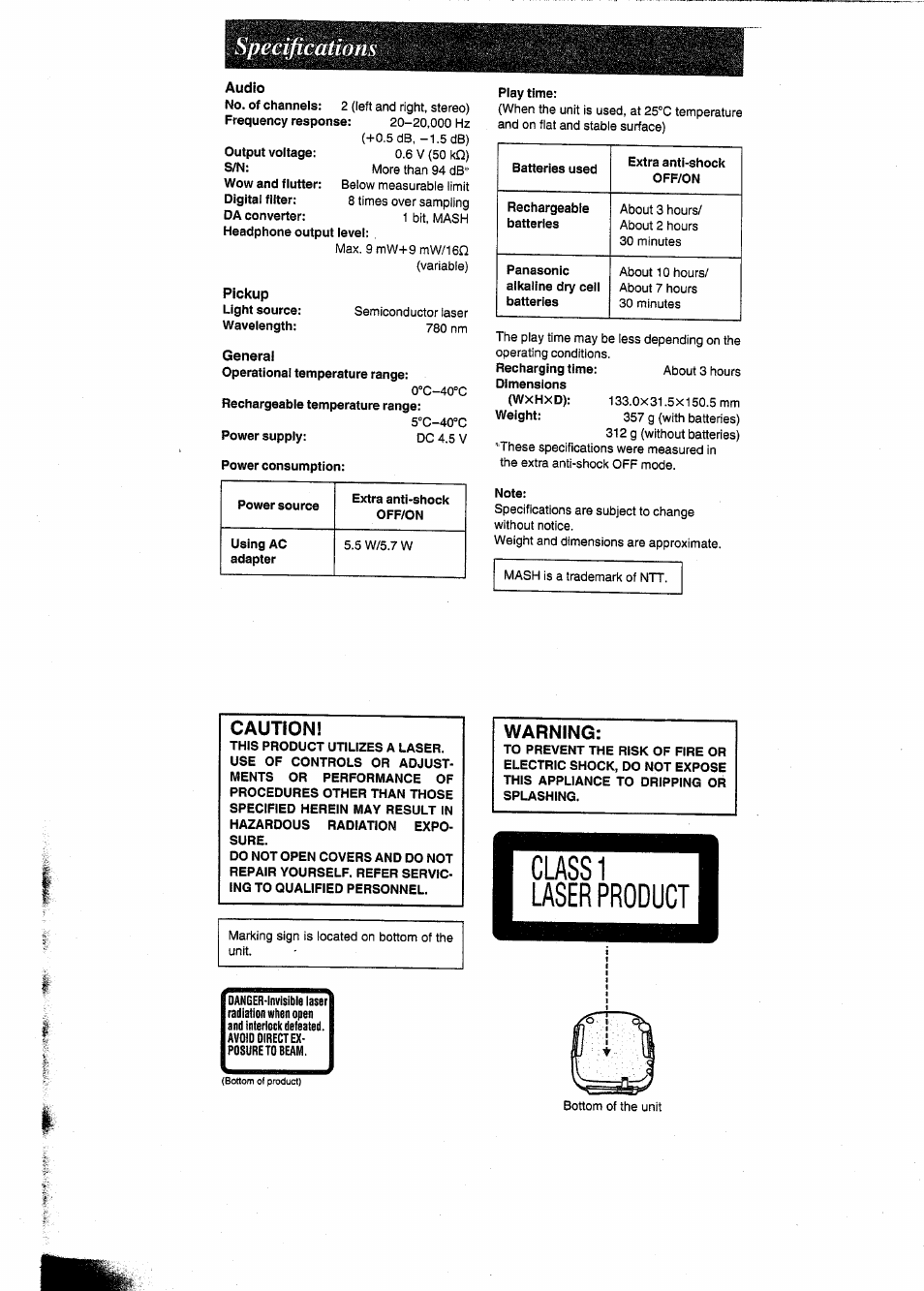 Audio, General, Specifications | Caution, Warning | Panasonic SL-SW404 User Manual | Page 12 / 13