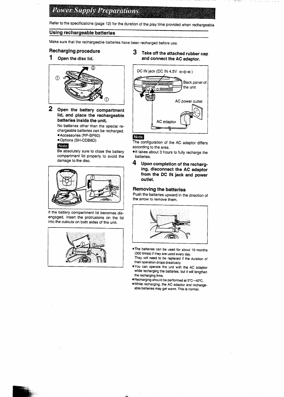 Using rechargeable batteries, Recharging procedure 1 open the disc lid, Removing the batteries | Power supply preparations | Panasonic SL-SW404 User Manual | Page 2 / 13