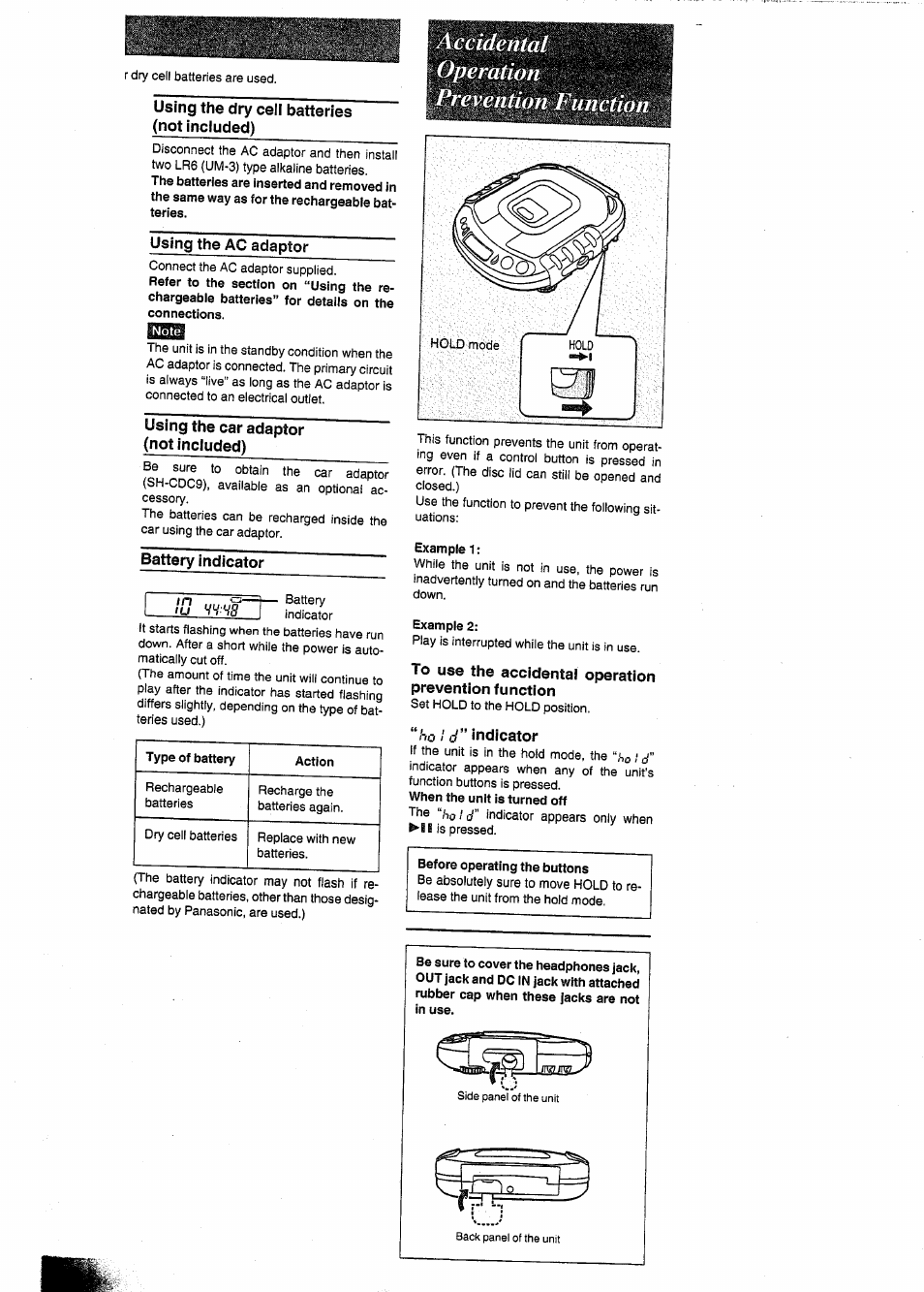 Using the dry cell batteries (not included), Using the ac adaptor, Using the car adaptor | Not included), Battery indicator, Ho i d” indicator, Accidental operation prevention f unction | Panasonic SL-SW404 User Manual | Page 3 / 13