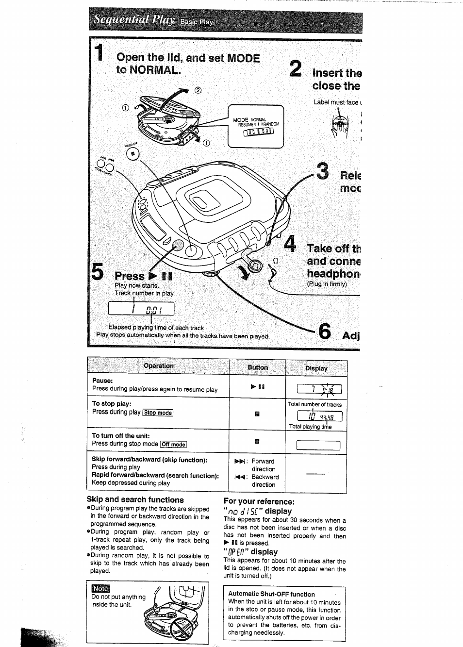 Insert the, Skip and search functions, For your reference | Gpefl" display, Sequential play, Open the iid, and set mode to normal, Insert the close the, Rel€ moc take off if’ and cono€ headphon | Panasonic SL-SW404 User Manual | Page 4 / 13