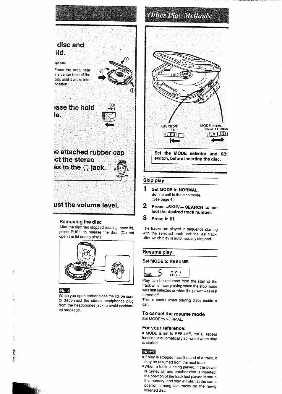 Disc and, Le attached rubber cap ict the stereo, Skip play | 1 set mode to normal, Resume play, Set mode to resume, To cancel the resume mode, For your reference, Other l*lav metlu, Firttoiri | Panasonic SL-SW404 User Manual | Page 5 / 13