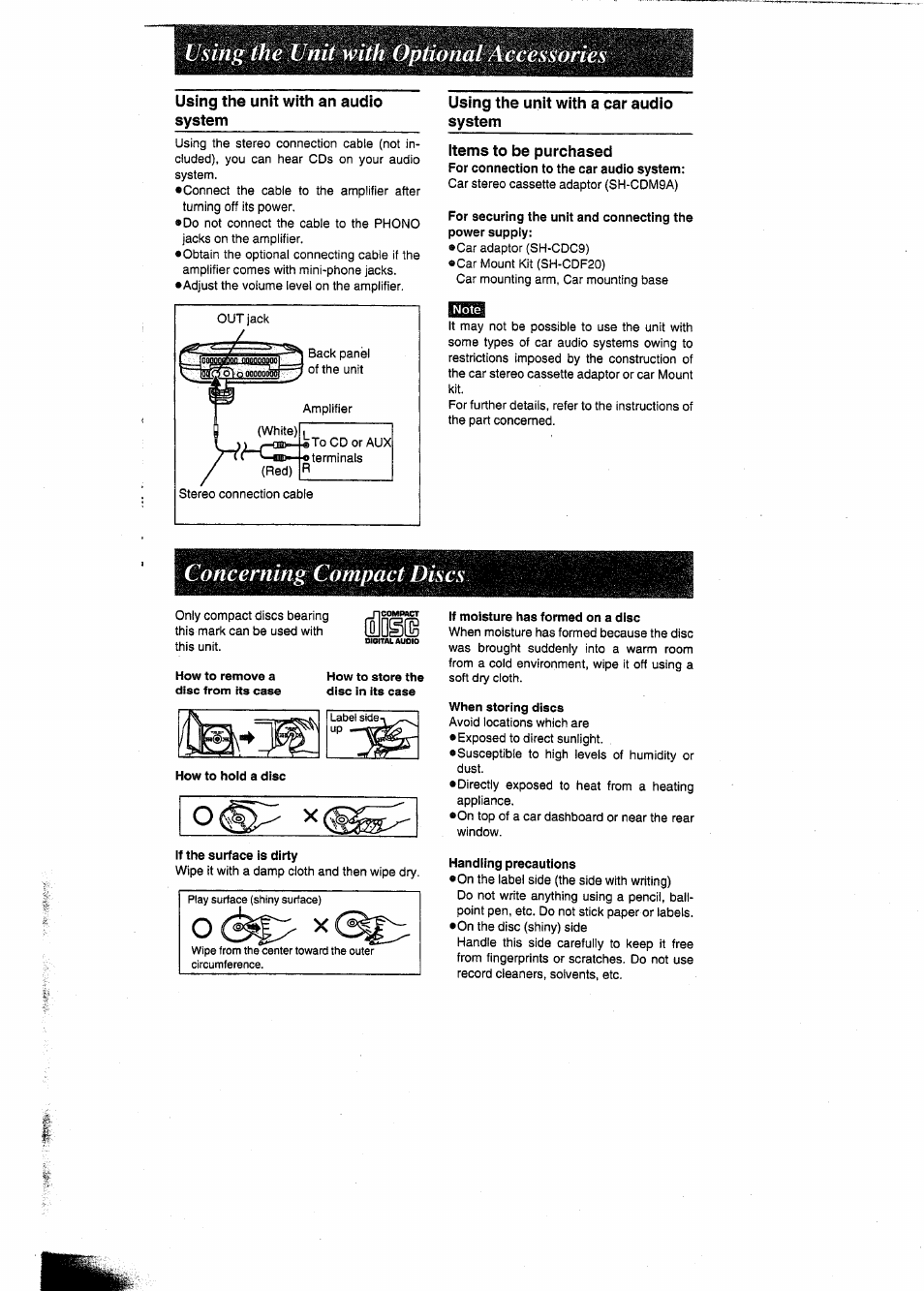 Using the unit with an audio system, Using the unit with a car audio system, Items to be purchased | Using the unit with optional accessories, Concerning compact discs, 0<^> x | Panasonic SL-SW404 User Manual | Page 8 / 13