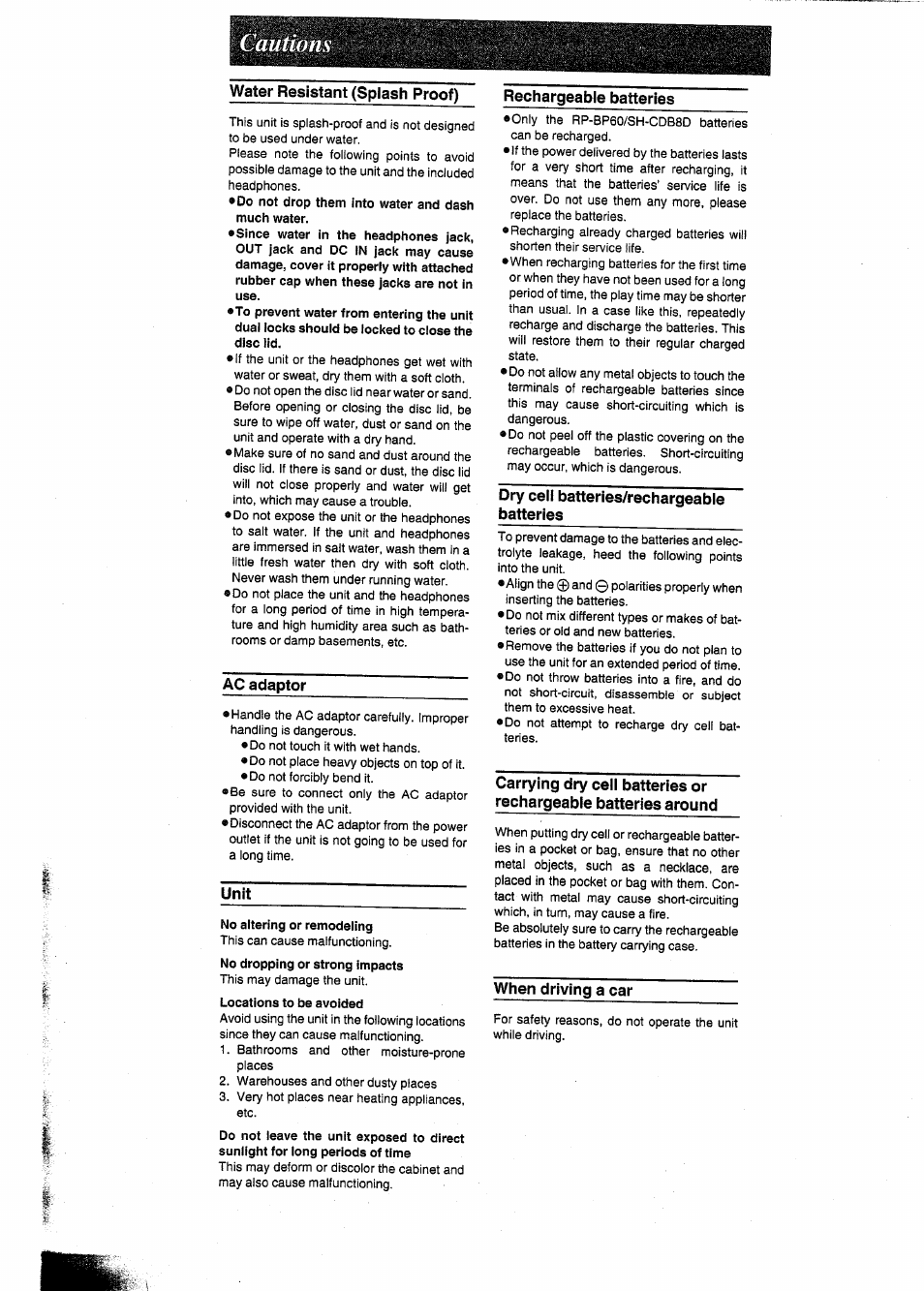 Ac adaptor, Unit, Dry cell batteries/rechargeable batteries | When driving a car, Cautions | Panasonic SL-SW404 User Manual | Page 9 / 13