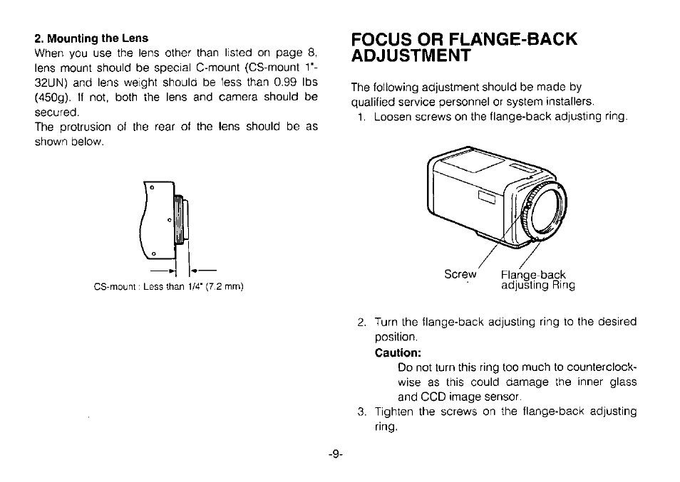 Focus or flange-back adjustment | Panasonic WVBP110 User Manual | Page 11 / 14