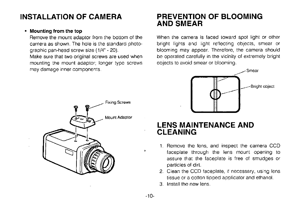 Installation of camera, Prevention of blooming and smear, Lens maintenance and cleaning | Panasonic WVBP110 User Manual | Page 12 / 14