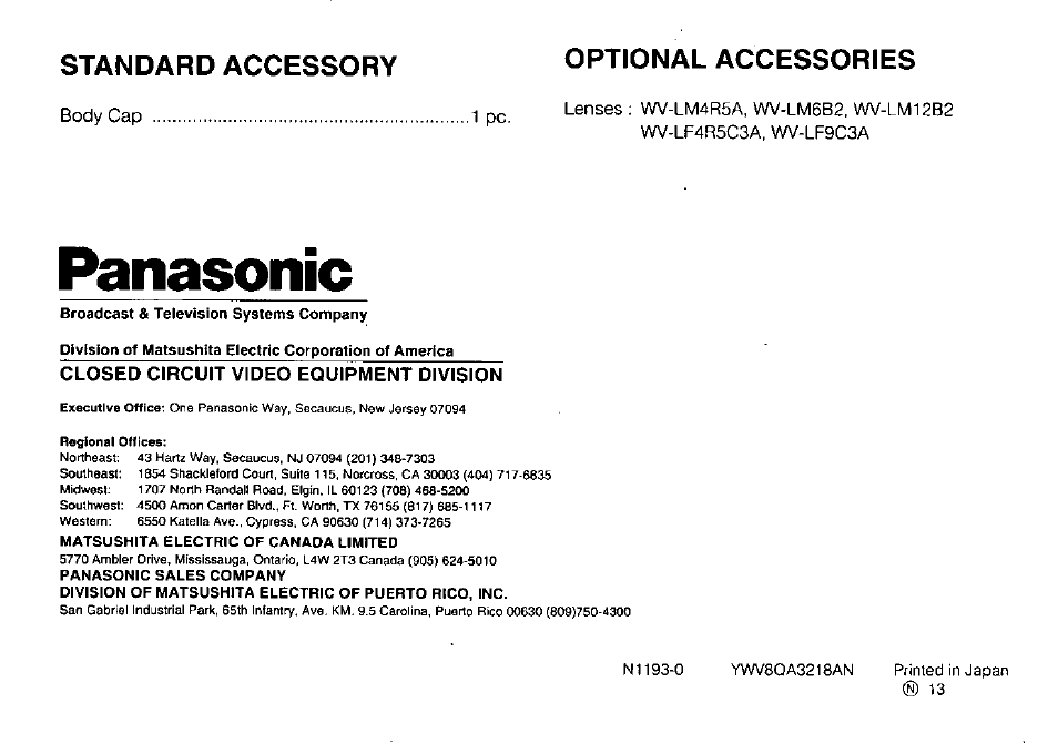 Standard accessory, Optional accessories, Standard accessory optional accessories | Panasonic | Panasonic WVBP110 User Manual | Page 14 / 14