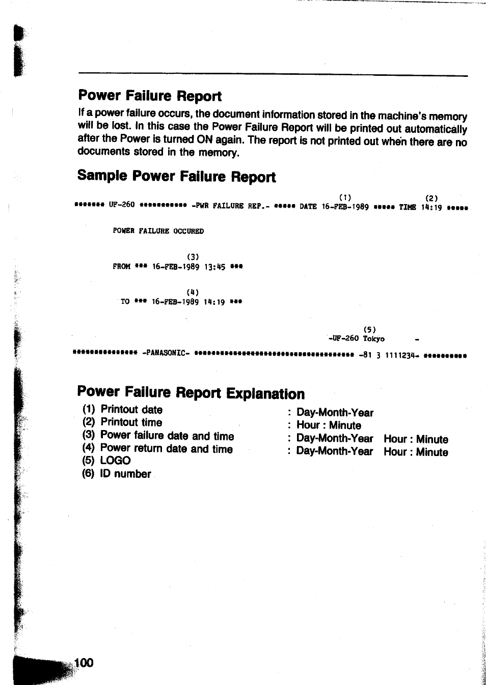 Power failure report, Sample power failure report, Power failure report explanation | Panasonic Panafax UF-260 User Manual | Page 102 / 150