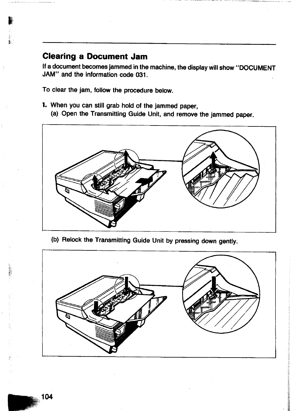 Clearing a document jam | Panasonic Panafax UF-260 User Manual | Page 106 / 150