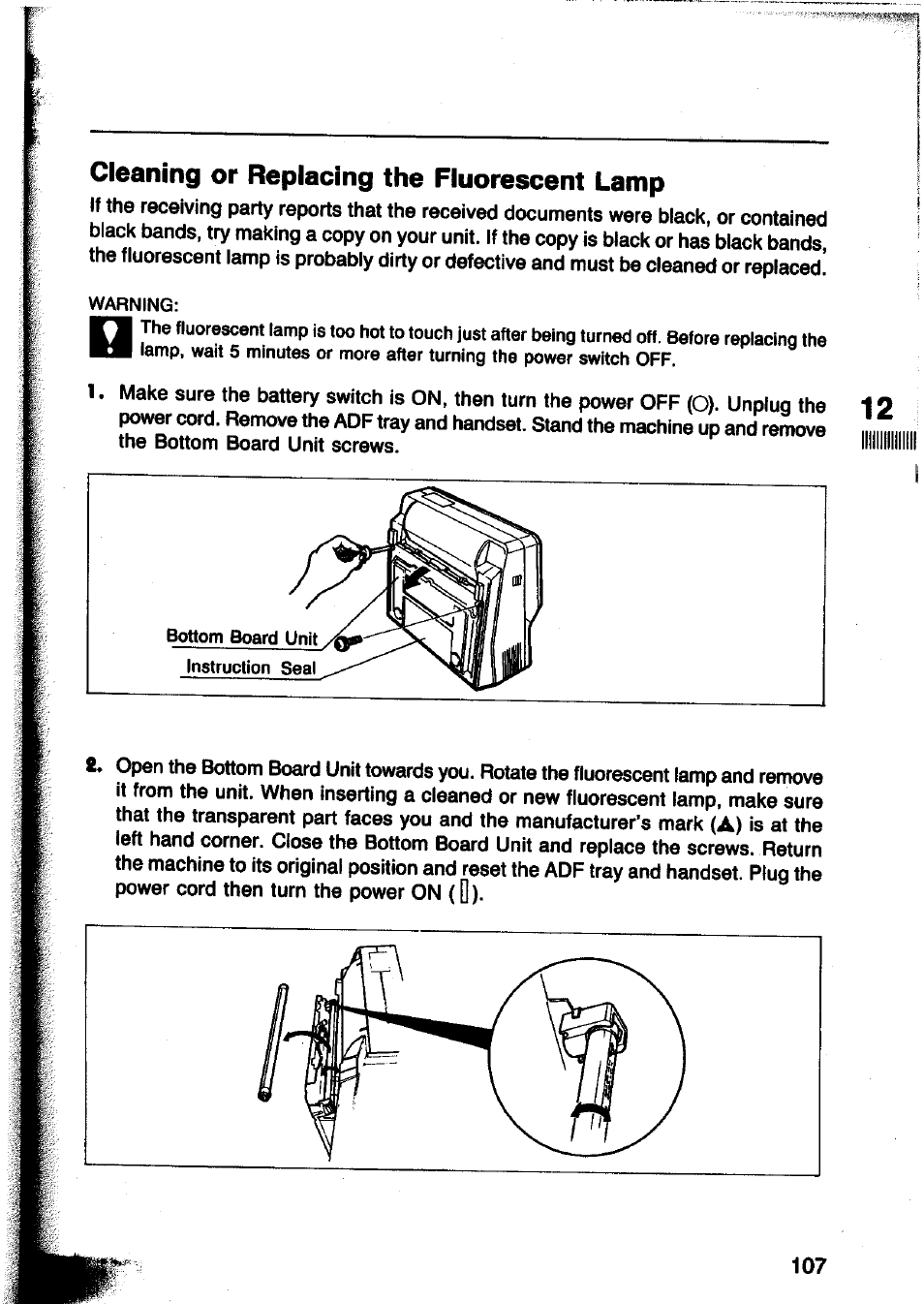 Cleaning or replacing the fluorescent lamp | Panasonic Panafax UF-260 User Manual | Page 109 / 150