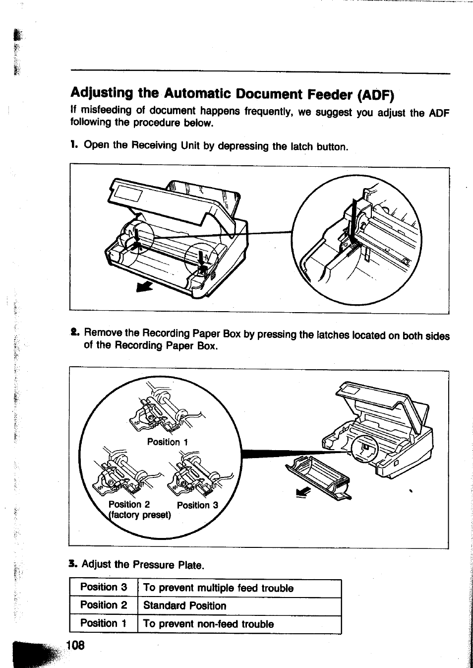 Adjusting the automatic document feeder (adf) | Panasonic Panafax UF-260 User Manual | Page 110 / 150