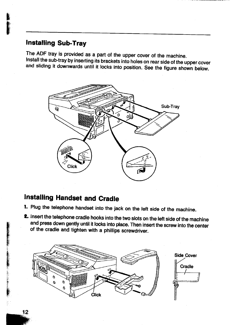 Installing sub-tray, Installing handset and cradle | Panasonic Panafax UF-260 User Manual | Page 14 / 150