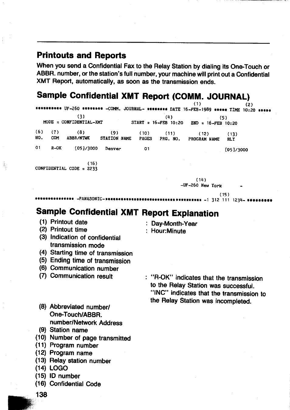 Printouts and reports, Sample confidential xmt report explanation, Sample confidential xmt report (comm. journal) | Panasonic Panafax UF-260 User Manual | Page 140 / 150