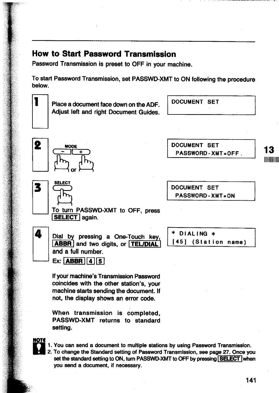 How to start password transmission, Czedcxd | Panasonic Panafax UF-260 User Manual | Page 143 / 150