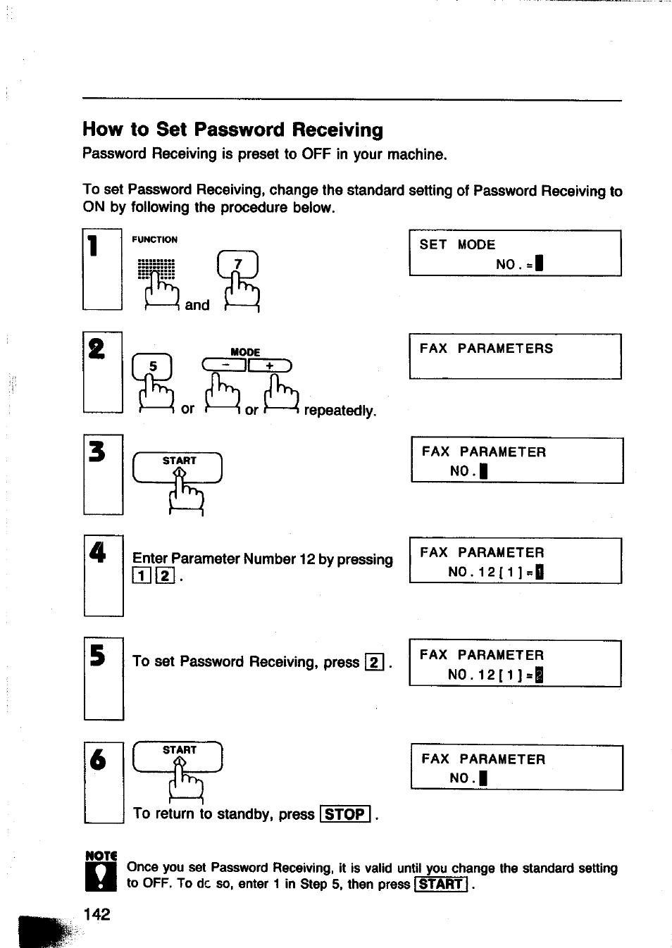 How to set password receiving | Panasonic Panafax UF-260 User Manual | Page 144 / 150