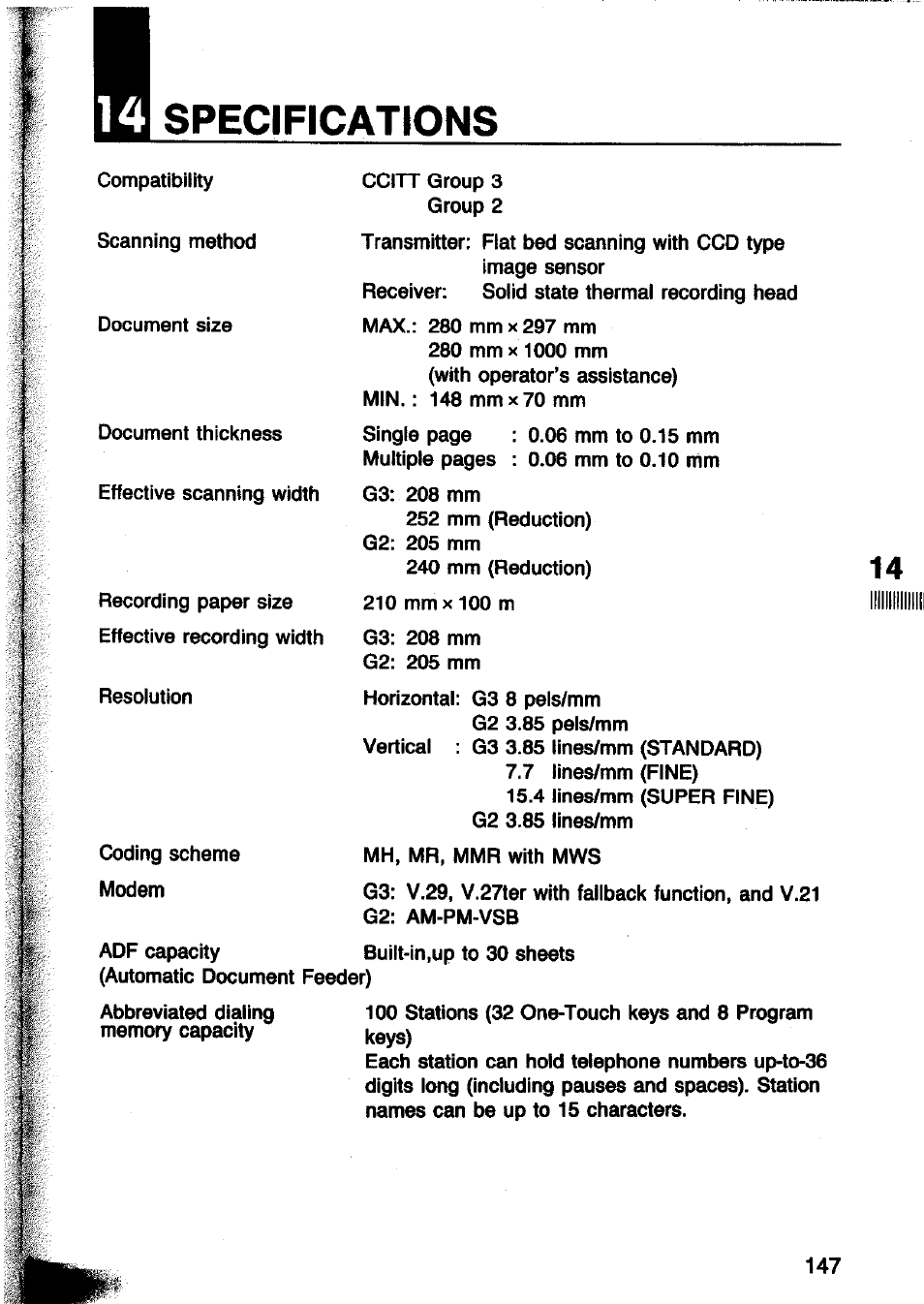 Specifications | Panasonic Panafax UF-260 User Manual | Page 149 / 150