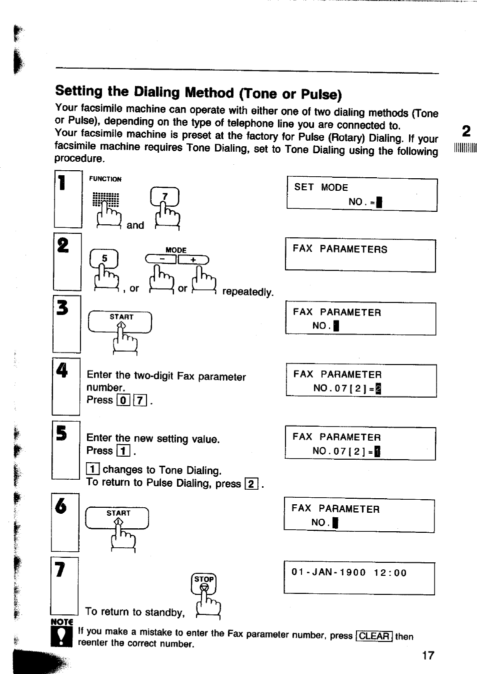 Czdizjd, Setting the dialing method (tone or pulse) | Panasonic Panafax UF-260 User Manual | Page 19 / 150