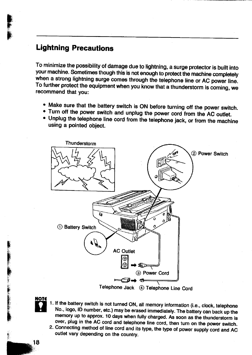 Lightning precautions | Panasonic Panafax UF-260 User Manual | Page 20 / 150