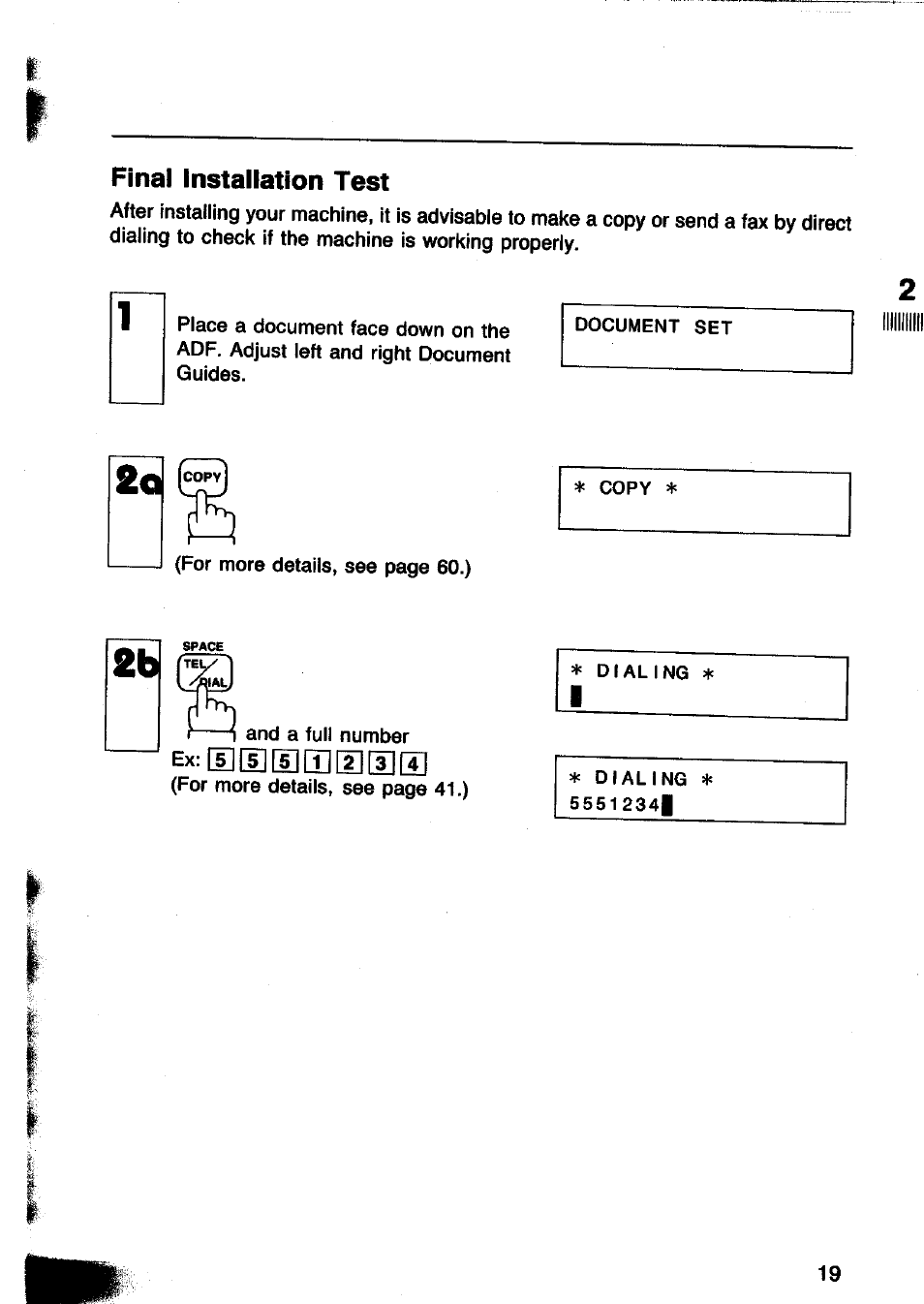 Final installation test, Ex:(5][5][i][il[i]|i][4 | Panasonic Panafax UF-260 User Manual | Page 21 / 150